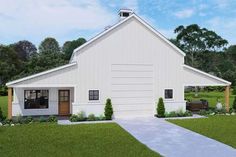 this is a computer rendering of a small white barn style house with an open floor plan