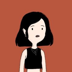 a drawing of a woman with dark hair and black shirt on, standing in front of an orange background