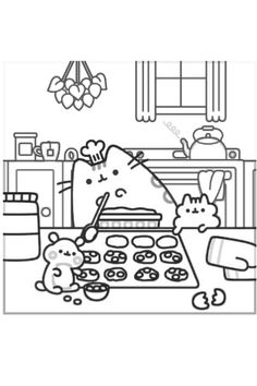 an image of hello kitty cooking in the kitchen