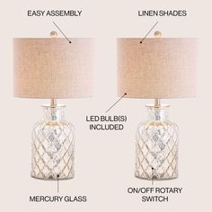 two clear glass lamps with labeled labels on each lamp and the same light shade for each one