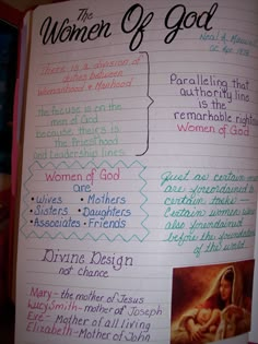 an open bible with the words women of god written in different colors and styles on it