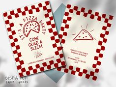 two pizza menus with red and white checkered paper on them, one has a slice of pizza