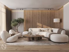 a modern living room with white furniture and wood paneling