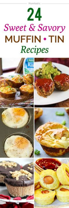 several different images of muffins and cupcakes with the words, sweet & savory muffin - tin recipes