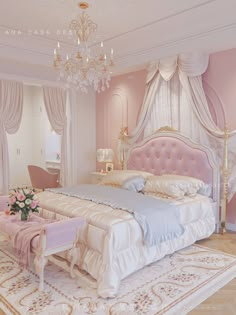 a pink and white bedroom with a chandelier