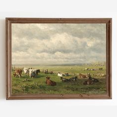 an oil painting of cows grazing in a field