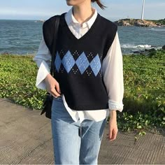 Blue Sleeveless Sweater Vest For Winter, Blue V-neck Tank Top For Fall, Fitted V-neck Sweater Vest, Women Sweater Vest, Korean Casual Outfits, Korean Girl Fashion, Sleeveless Pullover, Women Sweater