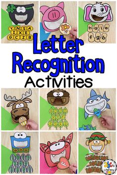 letter recognition activities for kids with pictures of cartoon characters and words that spell out the letters