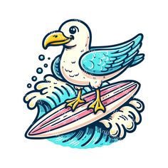 a bird sitting on top of a surfboard