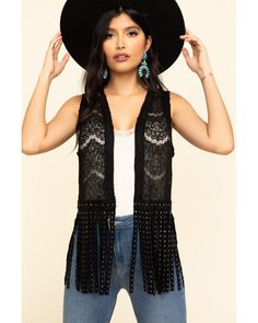 Vocal Women's Lace Studded Fringe Vest, Black Fringed Vest Outfit, Gal Outfits, Snazzy Outfits, Womens Western Tops, Country Glam, Country Gal, Boho Goth, Winter Shopping, Women's Circle