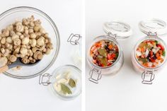 two pictures side by side showing different food items in glass containers and the same bowl with vegetables inside