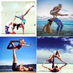 four different pictures of people doing yoga on the beach