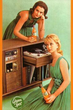 an advertisement for green spot soda featuring two women in front of a radio and record player