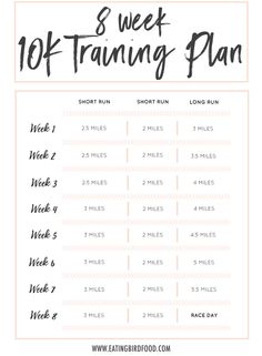 the 8 week 10k training plan is shown in black and white, with text overlay