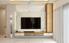 a modern living room with white walls and marble flooring, large flat screen tv mounted on the wall