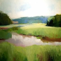 an abstract painting of green grass and water