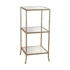 a three tiered shelf with mirrored shelves on each side and gold metal frame, against a white background