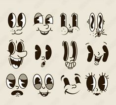 an assortment of cartoon faces with different expressions and facial expressions, including eyes, nose, mouth