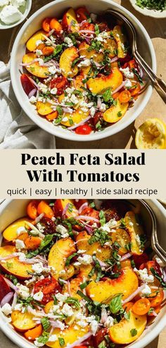 peach feta salad with tomatoes in a white bowl