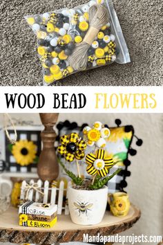 two photos with yellow flowers in them and the words wood bead flowers on it