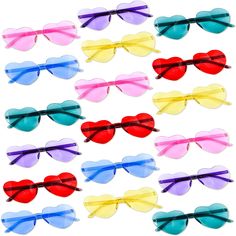 several pairs of heart shaped sunglasses with different colors