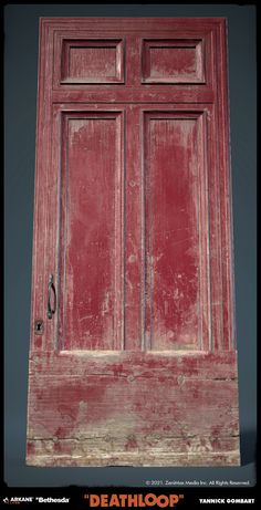 an old red door with the word deathlop on it