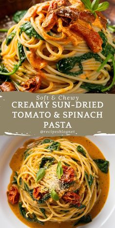 creamy sun - dried tomato and spinach pasta with basil