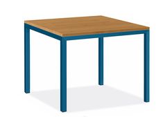 a wooden table with blue legs on a white background