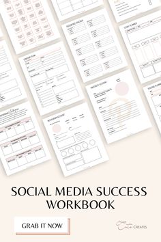 the social media success workbook is shown in front of a white background with pink circles and