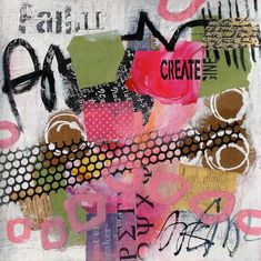 an abstract painting with black, pink and green colors on it's paper collage