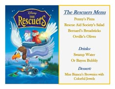 the rescuers menu from disney's animated movie