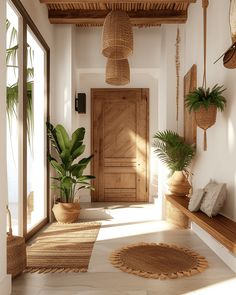 a hallway with potted plants and wooden doors