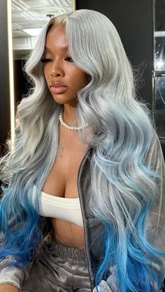 @itssaintlaurennn Gray Blue Lace Front Wig, Grey And Blue Wig, Blue To Green Ombre Hair, Icy Blue Wigs For Black Women, Long Colorful Hair, Blue Roots Blonde Hair, Blue Wig Black Women, Icy Silver Blue Hair, Silver Hair Black Women