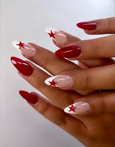 gel x red nails, french tip with stars, almond shape Almond Nails Gel X Designs, Red Hoco Nails Almond, Nails Red And White Design, French Tip Almond Design, Nails Idea Almond Shape, Cute Birthday Nails Almond, Red Concert Nails, Red Almond Acrylic Nails Designs, Nails Acrylic French Almond