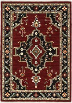 a red and black rug with an ornate design