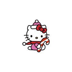 the hello kitty is holding a candy cane