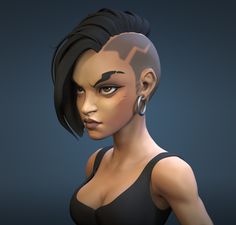 an animated woman with black hair and piercings