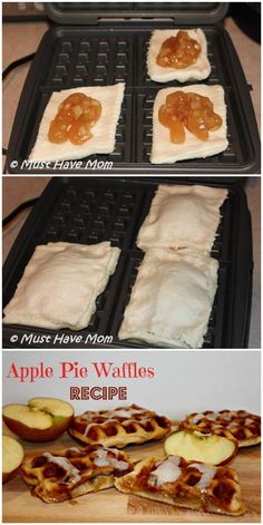 four different views of apple pie waffles and apples on a grill with the same topping