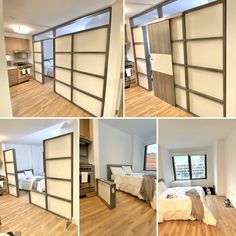 four different shots of a bedroom with sliding doors