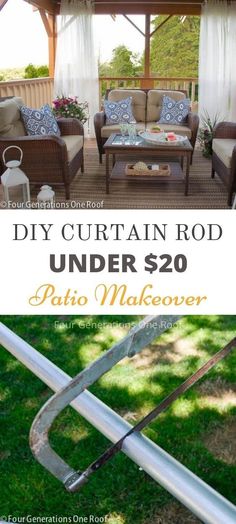 the diy curtain rod under $ 20 is an easy and cheap way to decorate your patio