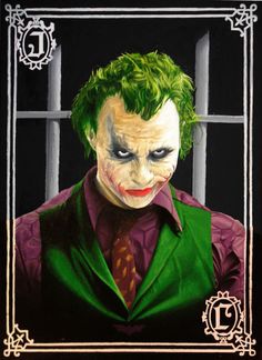 a painting of the joker with his green hair and red shirt is shown in front of a jail cell