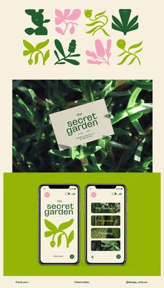 an image of some green plants with the words secret garden on them and two cell phones