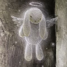 a drawing of an angel dog with wings on it's head and body, standing in front of a door