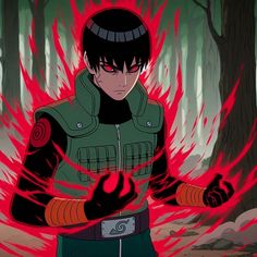 an anime character holding his hands out in front of the camera, with red flames behind him