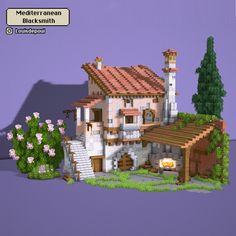 a house made out of legos with flowers and trees in the foreground on a purple background