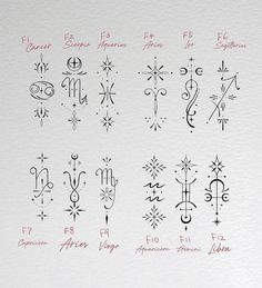 an image of zodiac symbols written in red and black ink on a white paper background