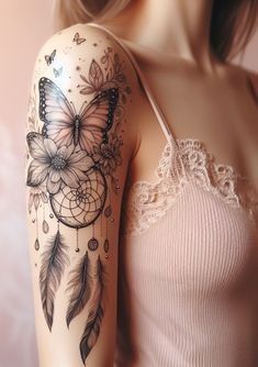 Dream Catcher Tattoos, Butterfly Tattoos Images, Cherub Tattoo, Clever Tattoos, Beautiful Flower Tattoos, Dream Catcher Tattoo, Cover Up Tattoos, Tattoo Design Drawings, Pretty Tattoos