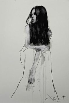 a black and white drawing of a woman with long hair