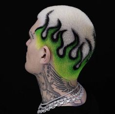 Bald Head Color Designs, Flames Buzzcut, Coloured Buzzcut, Painted Buzzcut, Shaved Head Art, Buzzcut Dyed Hair, Hair Tattoo Men, Shaved Head Designs, Flame Hair