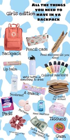 Back to school | School survival kits, School bag essentials, Middle school essentials School Backpack Organization, Schul Survival Kits, Middle School Essentials, School Emergency Kit, Freetime Activities, School Backpack Essentials, Middle School Survival, School Routine For Teens, Middle School Hacks